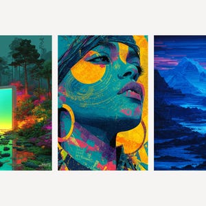 Surrealistische muurdecoratieset | Neonbos, Boho-portret, Glitch-bergen (digitale download) afbeelding 1