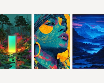 Surreal Wall Art Set | Neon Forest, Boho Portrait, Glitch Mountains (Digital Download)
