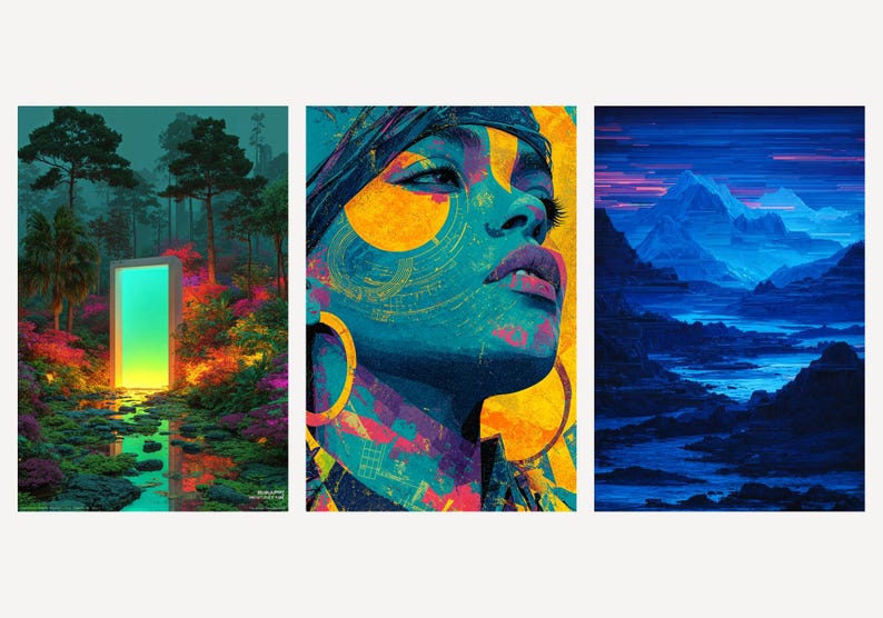 Surrealistische muurdecoratieset | Neonbos, Boho-portret, Glitch-bergen (digitale download) afbeelding 1