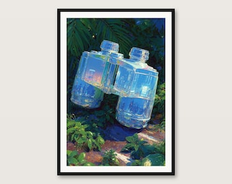 Surrealer Kunstdruck mit Kristallfernglas | Botanisches Dschungel-Stillleben (Digitaler Download)