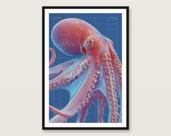 Pink Octopus Blueprint Art | Sci-Fi Schematic Poster (Digital Download)