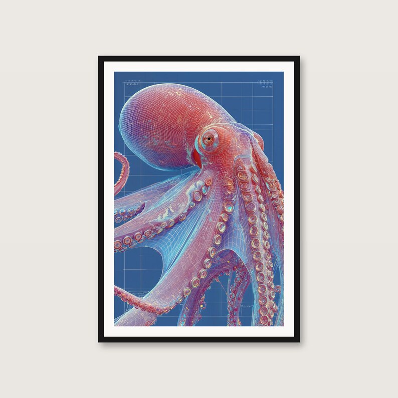 Rosa bläckfiskritningskonst | Sci-fi-schematisk affisch (digital nedladdning) bild 1