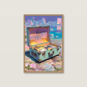 Surreales Koffer-Wandbild | Pastellfarbenes Strandreiseposter (Digitaler Download) Bild 2