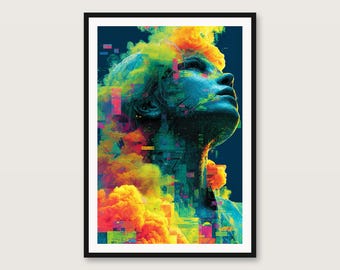 Psychedelic Woman Portrait Print | Colorful Smoke Wall Art (Digital Download)