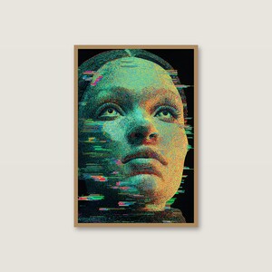 Glitch Portrait Print | Teal Mosaic Woman, Cyberpunk Pixel Art (Digital Download) image 2
