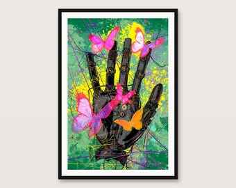 Psykedeliskt tryck med fjärilshand | Neon Splatter Maximalist-väggkonst (digital nedladdning)