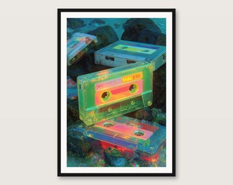 Póster decorativo retro con diseño de casete / Synthwave Neon para imprimir (descarga digital)