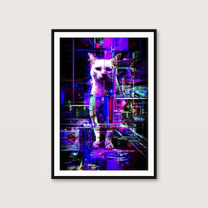 グリッチキャットのウォールアート｜サイバーパンクネオンポスター｜ゲーミングルームの装飾（デジタルダウンロード） 画像 1