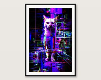 Glitch Cat Wall Art | Cyberpunk Neon Poster | Gaming Room Decor (Digital Download)