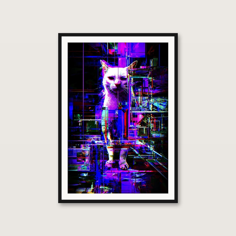 グリッチキャットのウォールアート｜サイバーパンクネオンポスター｜ゲーミングルームの装飾（デジタルダウンロード） 画像 1