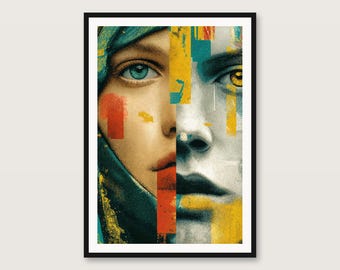 Split Face Psychedelic Art Print | Bold Maximalist Pop Poster (Digital Download)