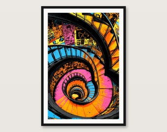 Kunst mit Wendeltreppe | Regenbogenkaleidoskop-Architektur-Kunstdruck (Digitaler Download)