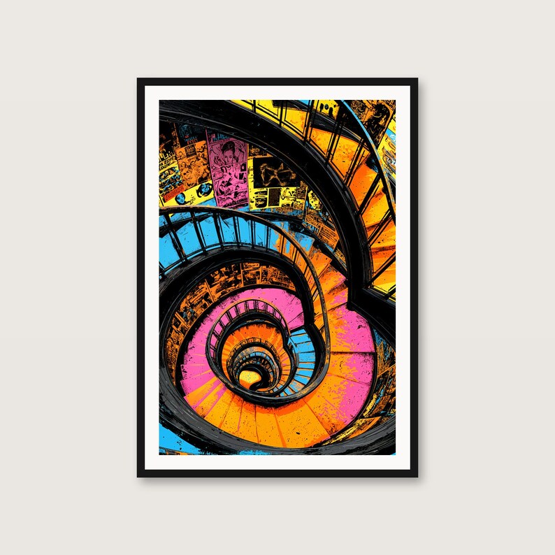 Spiraltrappkonst | Regnbågskaleidoskop, psykedelisk arkitekturtryck (digital nedladdning) bild 1