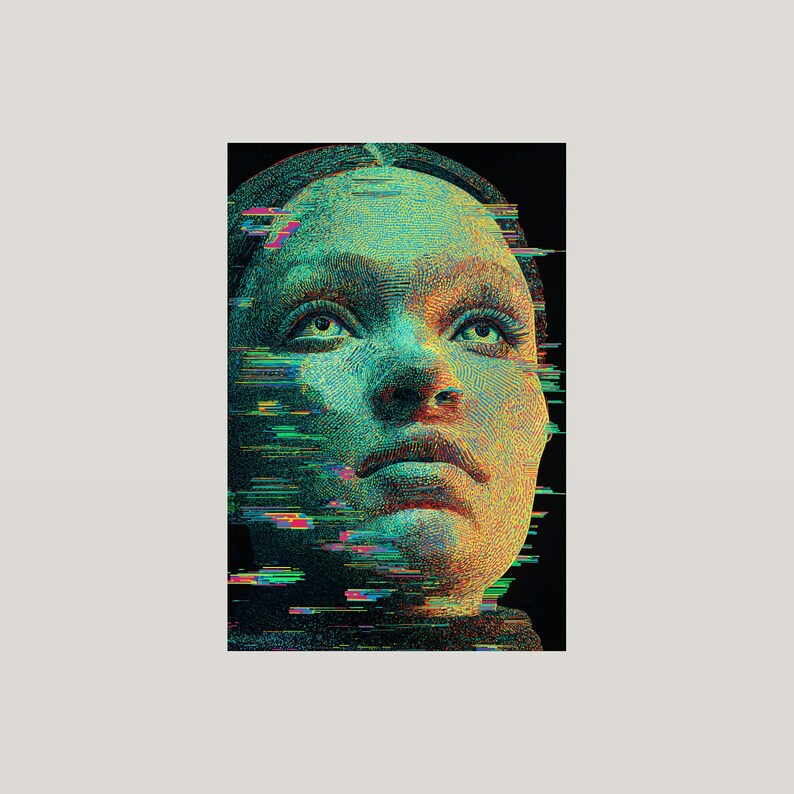 Glitch Portrait Print | Teal Mosaic Woman, Cyberpunk Pixel Art (Digital Download) image 3