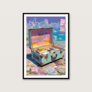Surreales Koffer-Wandbild | Pastellfarbenes Strandreiseposter (Digitaler Download) Bild 1