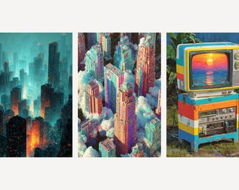 Retro Futuristic Cityscape Prints | Synthwave Neon Wall Art (Digital Download)