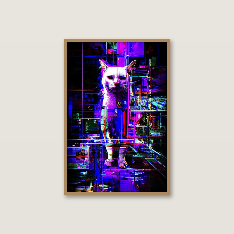 グリッチキャットのウォールアート｜サイバーパンクネオンポスター｜ゲーミングルームの装飾（デジタルダウンロード） 画像 2