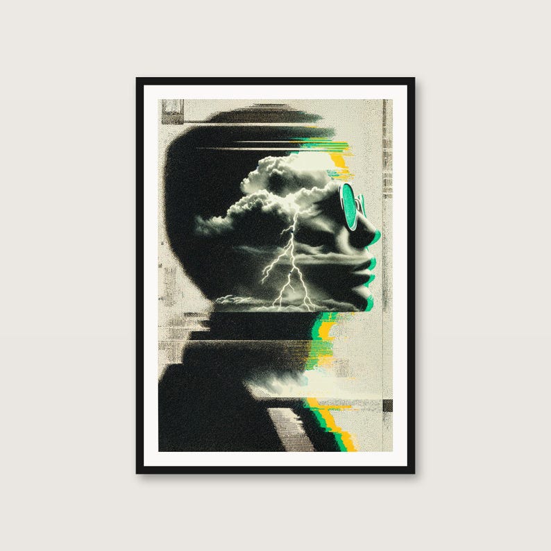 Surreal Storm Head Print | Glitch Collage Lightning Poster (Digital Download) image 1