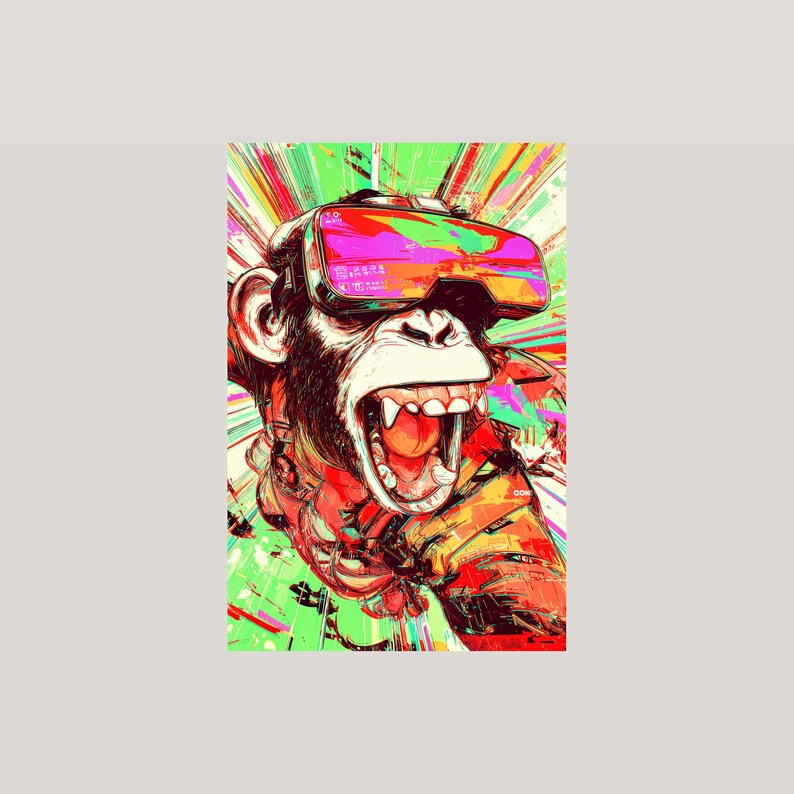 Affiche pop art « Singe hurlant en réalité virtuelle » | Décoration murale humoristique pour gamers (Téléchargement numérique) image 3