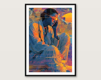 Surrealer Glitch-Porträtdruck | Orange-blauer Sonnenuntergang, sich auflösende Figur (Digitaler Download)