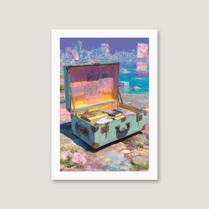 Surreales Koffer-Wandbild | Pastellfarbenes Strandreiseposter (Digitaler Download) Bild 4