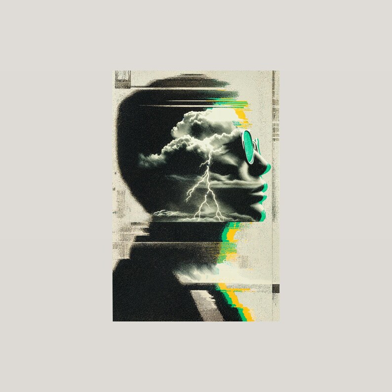 Surreal Storm Head Print | Glitch Collage Lightning Poster (Digital Download) image 3