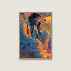 Surrealer Glitch-Porträtdruck | Orange-blauer Sonnenuntergang, sich auflösende Figur (Digitaler Download) Bild 2