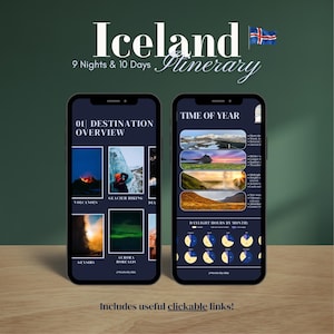 Könnte beinhalten: Zwei Smartphones zeigen eine Island-Reiseroute für 9 Nächte und 10 Tage. Der linke Bildschirm zeigt einen Zielüberblick mit Fotos von Vulkanen, Gletscherwanderungen, Geysiren und Polarlichtern. Der rechte Bildschirm zeigt saisonale Informationen.