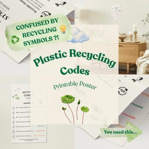May include: A printable poster titled Plastic Recycling Codes with green text and watercolor illustrations of green plants and a blue cloud. The poster includes the text Confused by recycling symbols, a lightbulb icon, and a green arrow with You need this.