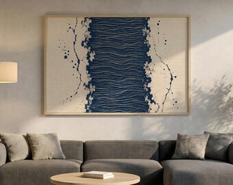 Textured Navy Blue Canvas, Beige Abstract Line Wall Art, Minimalist Modern Decor, Indigo Wave Poster, Contemporary Neutral Print