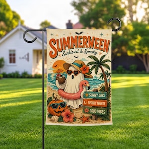 May include: A rectangular garden flag featuring a ghost wearing a straw hat and heart-shaped sunglasses, holding a coconut drink and a pink flamingo float. The text reads SUMMERWEEN SUNKISSED & SPOOKY, SUNNY DAYS, SPOOKY NIGHTS, GOOD VIBES.
