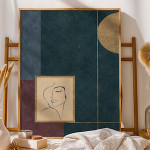 Abstract Woman Canvas, Navy Teal Geometric Wall Art, Mid Century Feminine Decor, Minimalist Face Poster, Vintage Modern Print