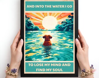 Water Wall Art Print with Dog, Sunset Lake Poster, Nature Quote Canvas, Golden Retriever Art, Calm Ocean Decor, Aesthetic Landscape Gift.