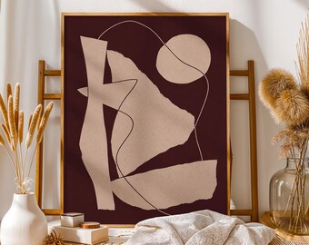 Burgundy Abstract Canvas, Beige Organic Geometric Wall Art, Mid Century Modern Decor, Minimalist Shape Poster, Retro Neutral Print