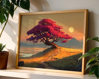 Pink Tree Sunset Poster, Golden Hill Decor, Magical Nature Canvas, Serene Landscape Print, Dreamy Scenery Gift, Winding Path Art.