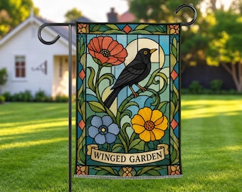 Stained Glass Blackbird Garden Flag, Floral Bird Yard Decor, Botanical Outdoor Flag, Spring Summer Porch Decor, Bird Lover Gift