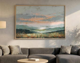 Textured Impasto Landscape Canvas, Pastel Sunset Meadow Poster, Sage Green Mountain Decor, Rustic Nature Art Print, Boho Wall Gift.