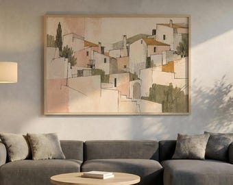 Mediterranean Village Canvas, Neutral Hillside Wall Art, Beige Olive Architecture Decor, Minimalist Village Poster, Modern European Print