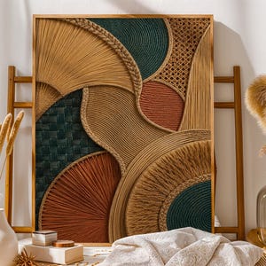 Puede incluir: Una pieza de arte mural rectangular con una composición texturizada de cuerda de yute enrollada, tela tejida de color verde oscuro y rejilla de mimbre. El diseño incorpora patrones circulares y en abanico en tonos beige, terracota y verde bosque.