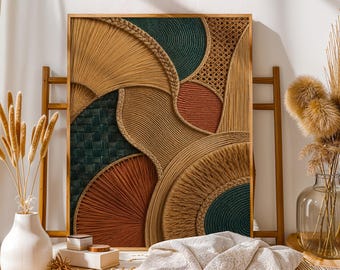 Woven Texture Canvas, Boho Rattan Wall Art, Japandi Geometric Decor, Neutral Teal Terracotta Poster, Handmade Style Gift.