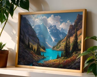 Turquoise Lake Poster, Sunlit Mountain Decor, Alpine Valley Canvas, Rugged Nature Print, Wilderness Scenery Gift.