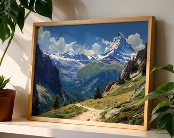 Snowy Alpine Peak Poster, Mountain Trail Decor, Summer Valley Canvas, Scenic Nature Print, Hiking Lover Gift.