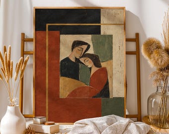 Abstract Couple Canvas, Terracotta Olive Wall Art, Mid Century Love Decor, Romantic Geometric Poster, Vintage Figurative Print