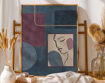 Abstract Woman Portrait Canvas, Navy Burgundy Geometric Wall Art, Mid Century Decor, Color Block Face Poster, Modern Retro Print