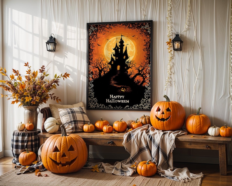 Haunted Castle Halloween Canvas, Full Moon Spooky House Wall Art Print ...