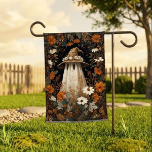 Floral Ghost Garden Flag, Witch Hat Ghost Yard Decor, Moody Fall Botanical Outdoor Sign, Cottagecore Halloween Porch Decoration.