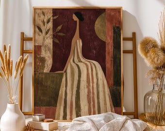 Abstract Woman Portrait Canvas, Burgundy Mid Century Wall Art, Olive Beige Decor, Striped Dress Poster, Vintage Figurative Print