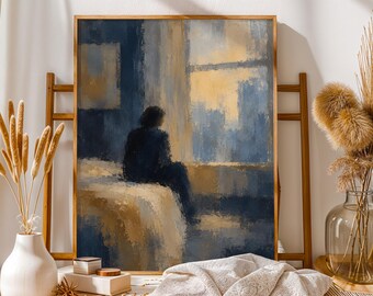 Moody Woman by Window Canvas, Navy Blue Figurative Wall Art, Beige Interior Decor, Contemplative Poster, Modern Textured Print