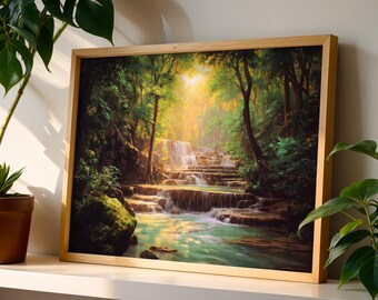 Jungle Waterfall Poster, Sunlight Forest Decor, Cascading River Canvas, Tropical Nature Print, Peaceful Scenery Gift.
