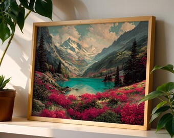Pink Floral Poster, Alpine Lake Decor, Snowy Mountain Canvas, Wildflower Nature Print, Spring Scenery Gift.